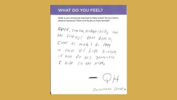 Handwritten card that says, 'Grief, sorrow, melancholy are the feelings that directly come to mind. I do feel a sense of hope however, if not for this generation I hope for the next. -QH Sacramento State'