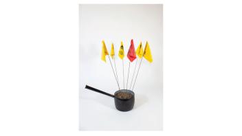 Sculpture by Morgan Flores with flags in a pot.