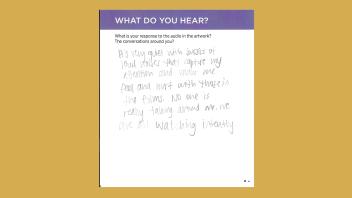 Handwritten card that says, 'It’s very quiet with bursts of loud noises that capture my attention and make me feel and hurt with those in the films. No one is really talking around me. We are all watching intently.'