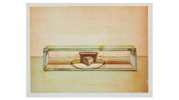 Print by Wayne Thiebaud of a single slice of pie in a glass case.