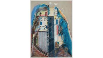 Print by Wayne Thiebaud of a steep street.
