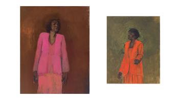 Two paintings of women in red outfits by Lynette Yiadom Boakye
