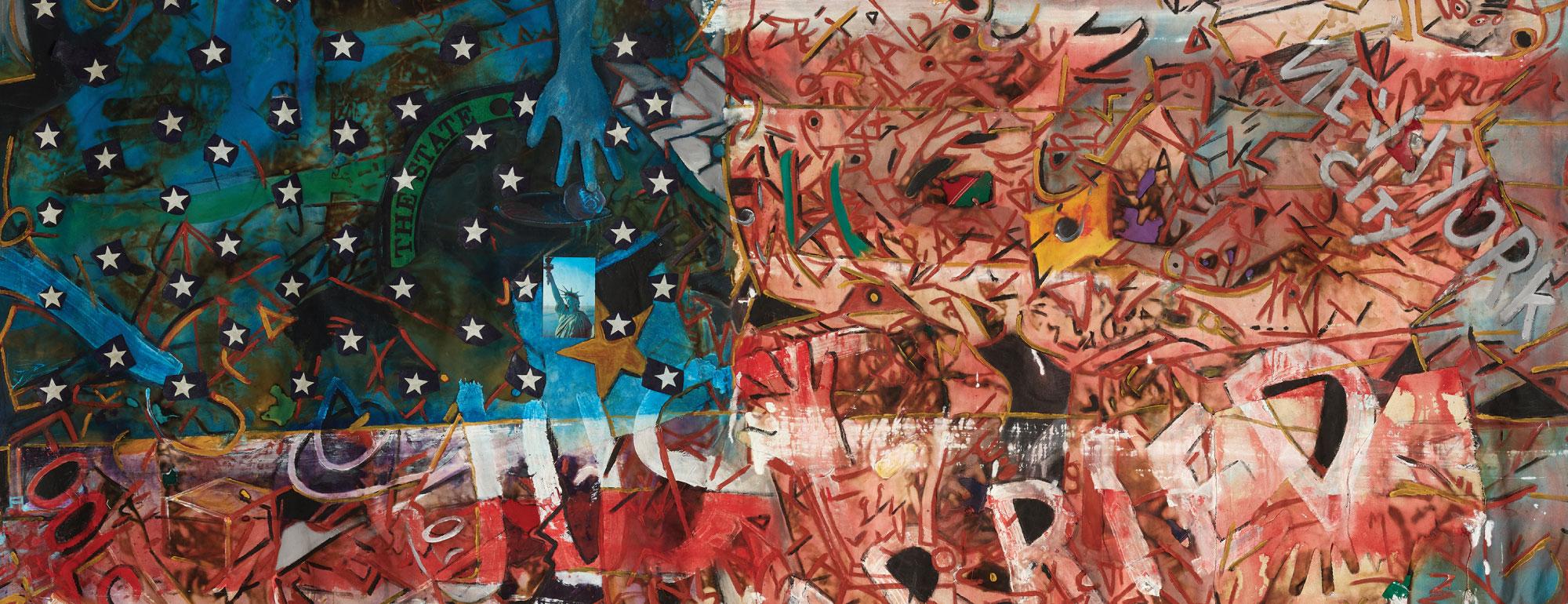Detail of a Mike Henderson painting showing an abstract American flag with hands, shapes and words over it.