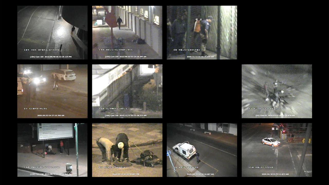 Screen shot from Mikhael Subotzky's video piece called 'CCTV' showing various screen grabs from surveillance cameras.