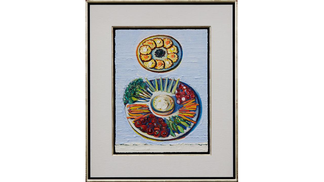 Wayne Thiebaud, Appetizers, 2010/2020. Oil on board, 16 1/8 x 12 1/8 in. (41 x 30.8 cm). Courtesy of the artist. © 2020 Wayne Thiebaud / Licensed by VAGA at Artists Rights Society (ARS), NY.