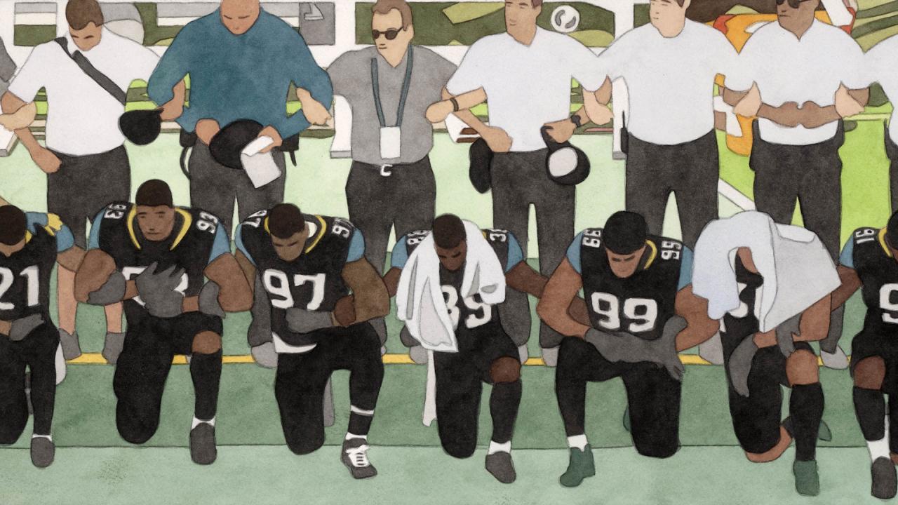 Still image from video by Kota Ezawa showing football players kneeling during the national anthem.