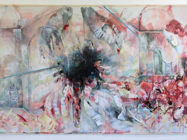 The Winged Schism, Oil and Mixed Media on Canvas, 64”x 216”, 2021