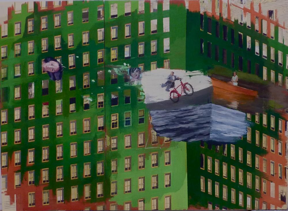 Painting by Christopher Brown of large green building with lots of windows and a person riding a bicycle. 