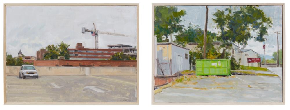 Two paintings by artist Richard Crozier showing scenes from two towns.