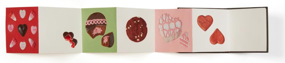 Folded out sketchbook from artist Julie Bozzi showing various Valentine's Day treats.