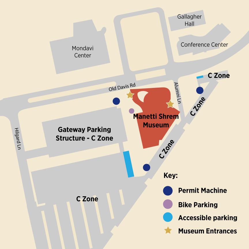 Map showing parking options and entrances to the museum.