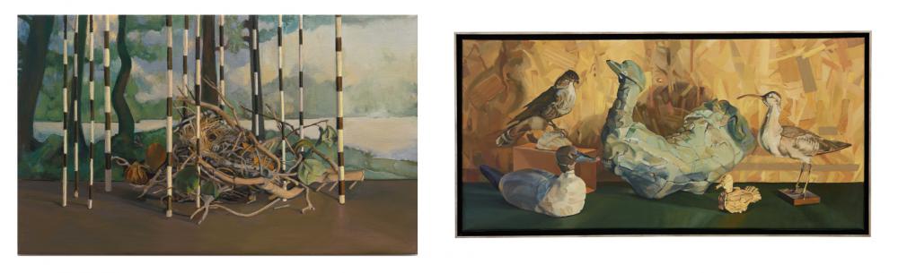 Two paintings by artist Patricia Wall themed around birds.