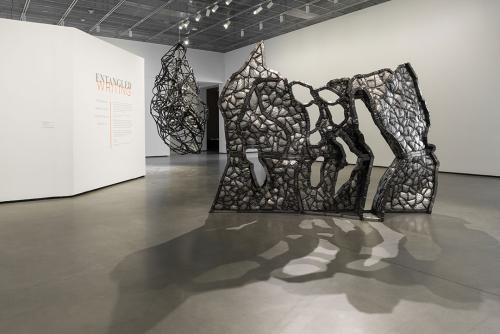 Installation of works by Beatriz Cortez and Phillip Byrne for the exhibition 'Entangled Writing'.