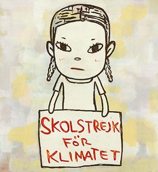 Painting of a girl holding a sign by Yoshitomo Nara.