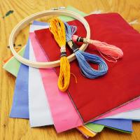 Pile of fabric, embroidery floss and embroidery hoops on a wood table.