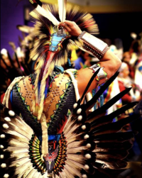 Back of a dancer at a powwow showing feathered head dress and traditional costume.