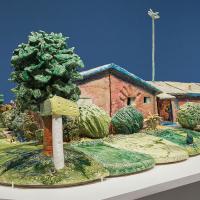 Ceramic house sculpture in the gallery, 'The Palace at 9am' by Robert Arneson.