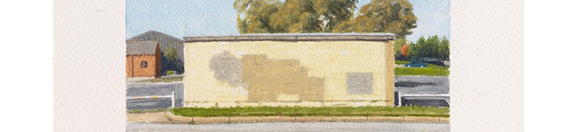 Julie Bozzi, Cinderblock Shed, 2009. Gouache on paper, 8 x 11 in. (20.3 x 27.9 cm). Courtesy of the artist and Talley Dunn Gallery. © Julie Bozzi.