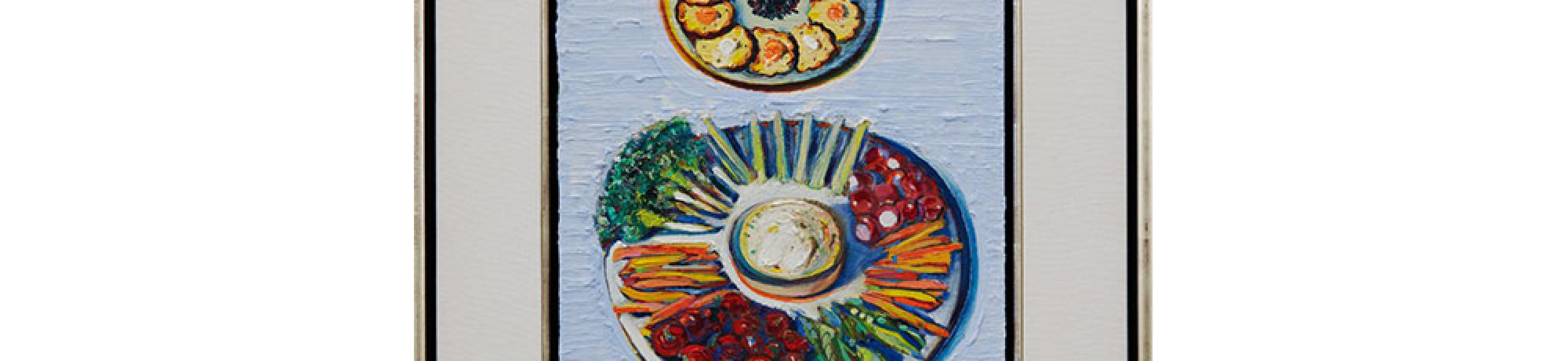 Wayne Thiebaud, Appetizers, 2010/2020. Oil on board, 16 1/8 x 12 1/8 in. (41 x 30.8 cm). Courtesy of the artist. © 2020 Wayne Thiebaud / Licensed by VAGA at Artists Rights Society (ARS), NY.