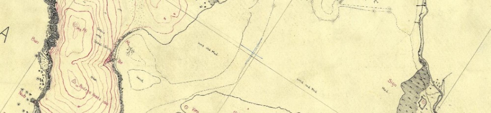 Bodega Bay Map: 1930s survey map of Bodega Bay in which seagrass beds are illustrated along water/land boundaries as well as indications of noticeable “sand and mud” (tidal flats) in the middle of the harbor during low tides.