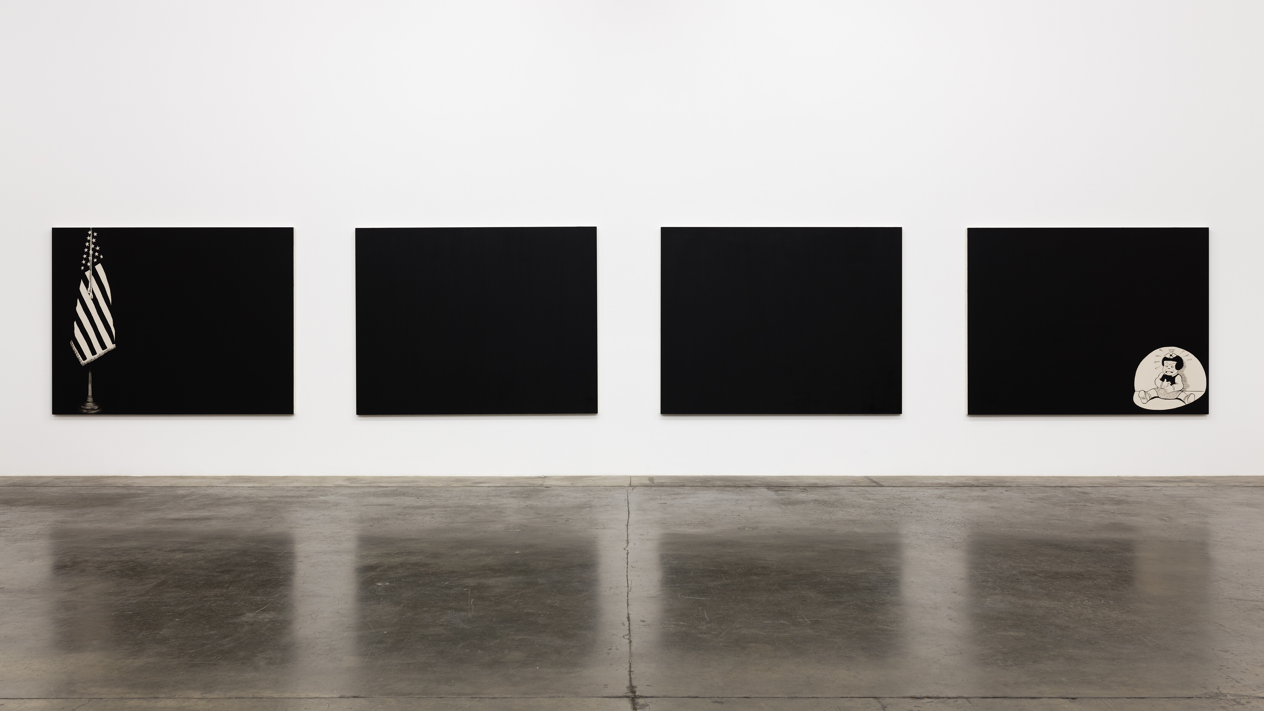 Photo of Francis Stark's artwork featuring three black canvases.