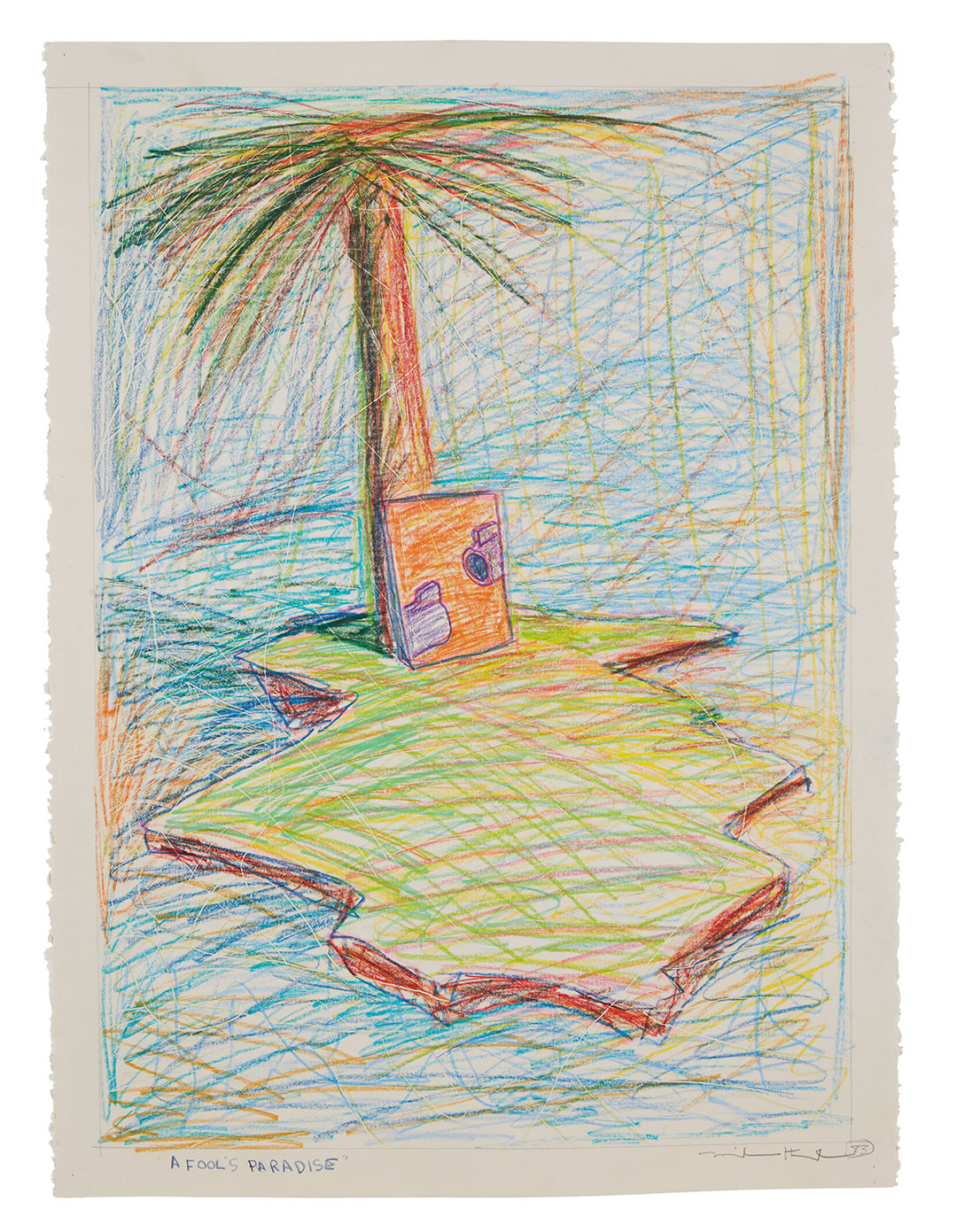Drawing of a desert island with palm tree and canvas leaning against it with a gun draw on it.