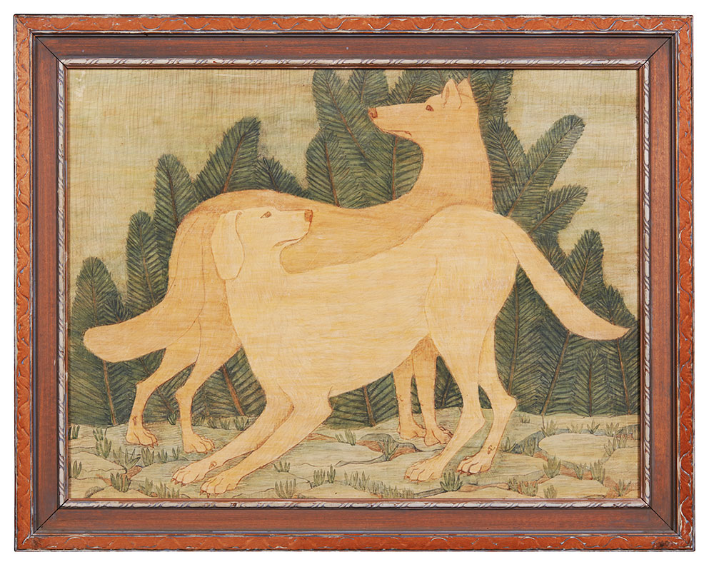 Artwork featuring two dogs in front of greenery.