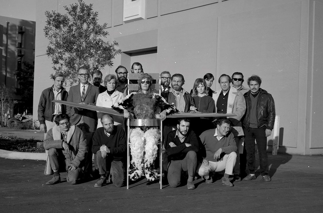 Photo of Robyn Martin's 1967 MFA thesis review with UC Davis art department faculty.