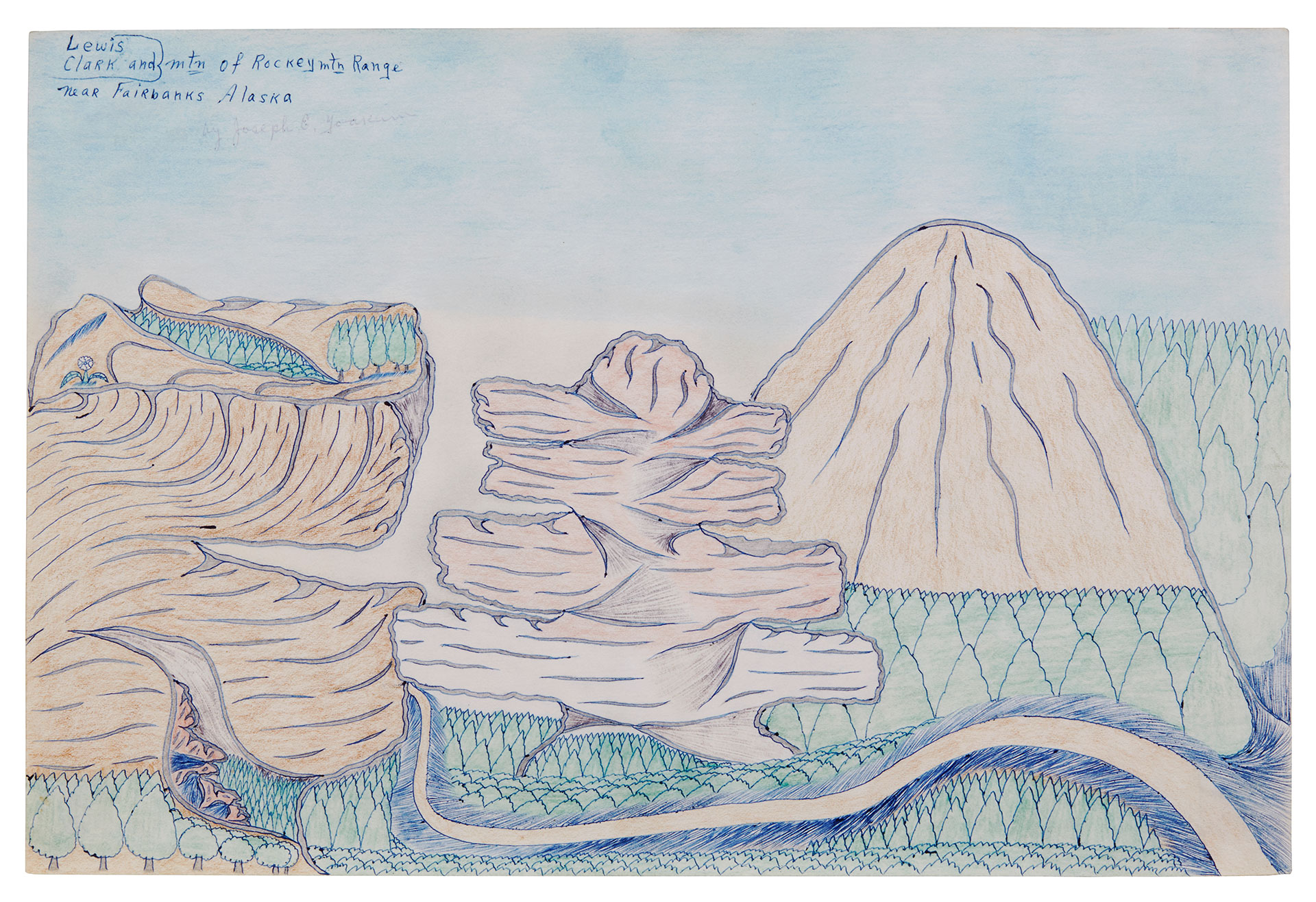 Abstract drawing of mountains and trees.