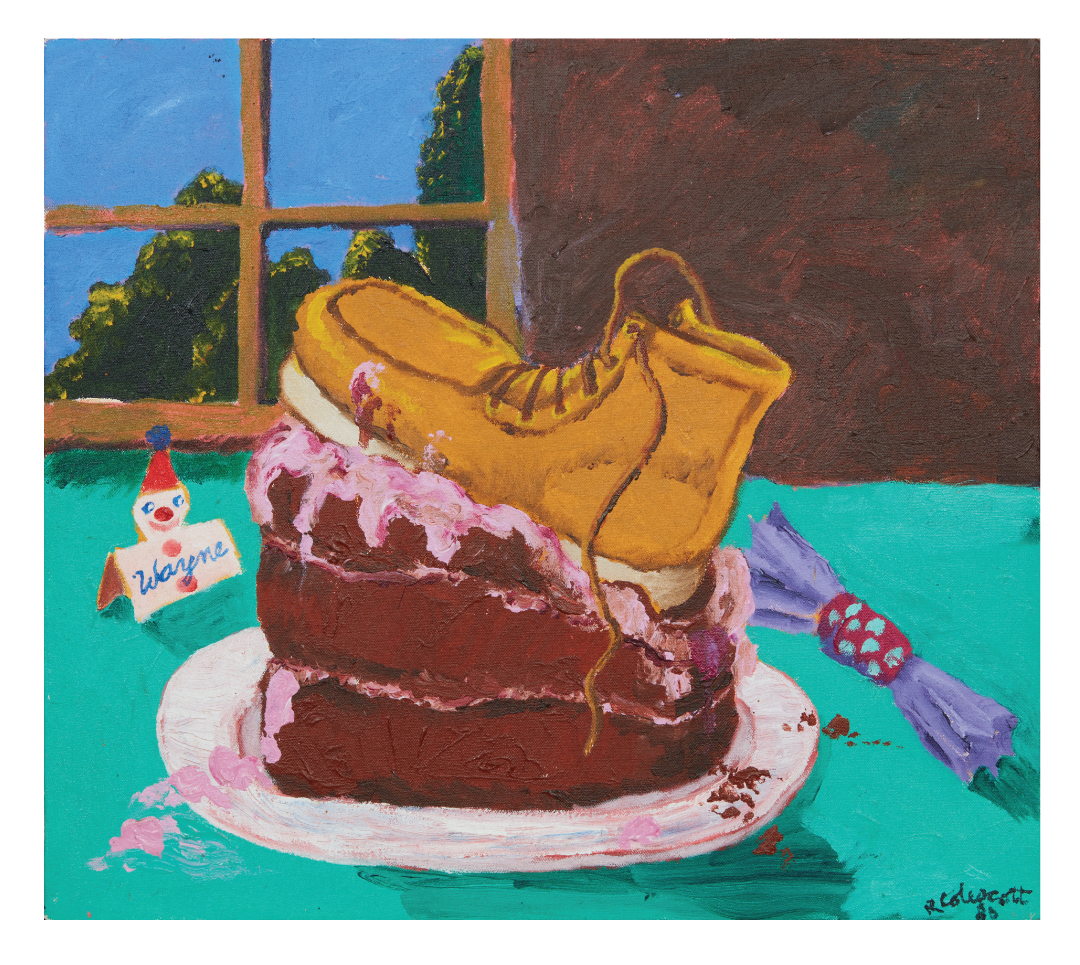 Painting of a boot on a cake by Robert Colscott