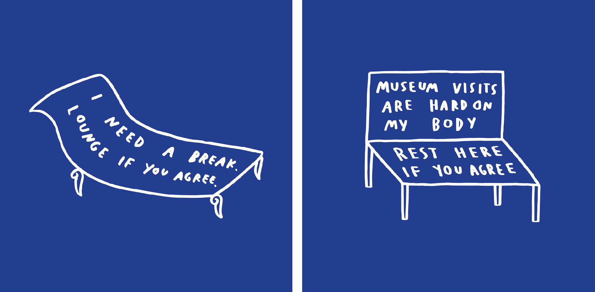 Drawings in white on a blue background of a lounge chair and a bench.
