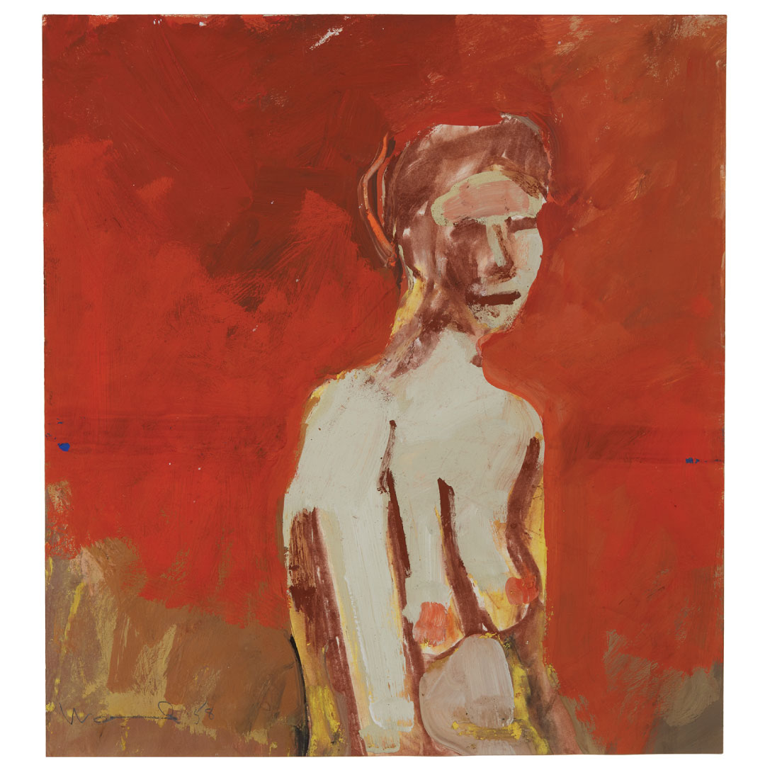 Painting of nude woman on red background by artist Manuel Neri.