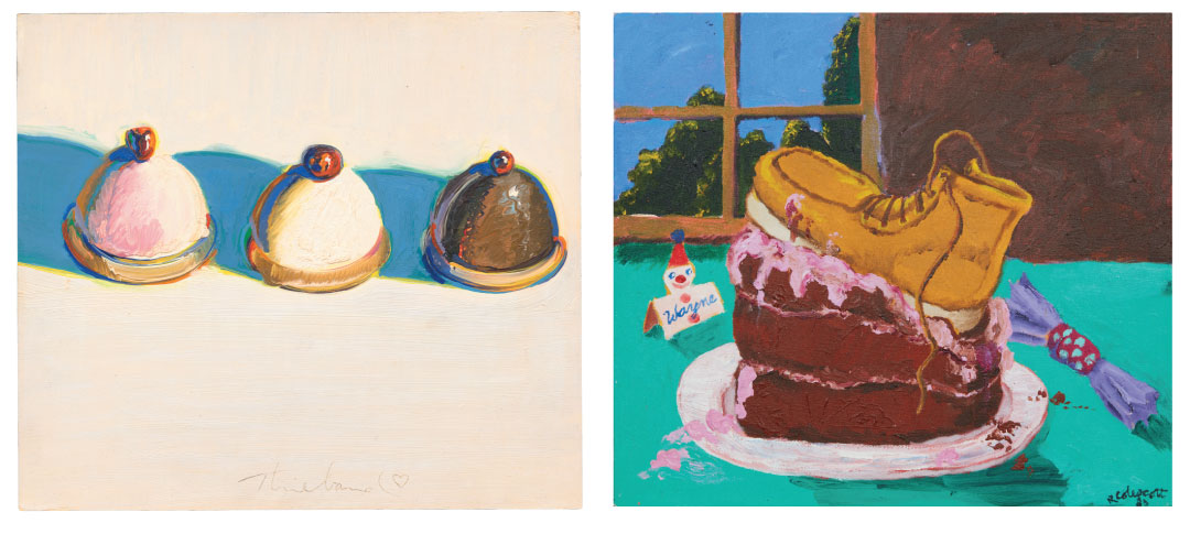 Painting of three desserts by Wayne Thiebaud and painting of a boot on a cake by Robert Colscott