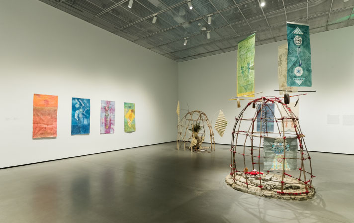 Gallery installation view of the Xicanx Futurity exhibition.